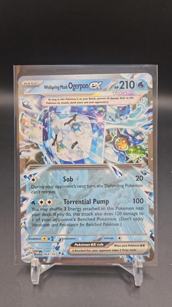 Pokémon TCG Wellspring Mask Ogerpon ex 064/167 Twilight Masquerade Ultra Rare card displayed in near mint condition, showcasing detailed mask form illustration, exclusive ultra rare design, and collectible finish for fans.