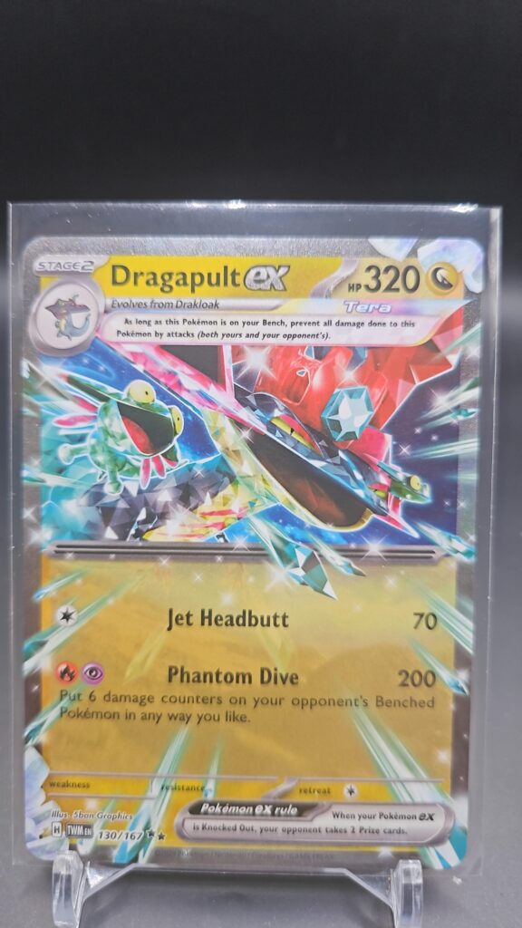 Pokémon TCG Dragapult Ex 130/167 Twilight Masquerade Ultra Rare card displayed in near mint condition, showcasing ultra rare design and holographic finish for collectors.