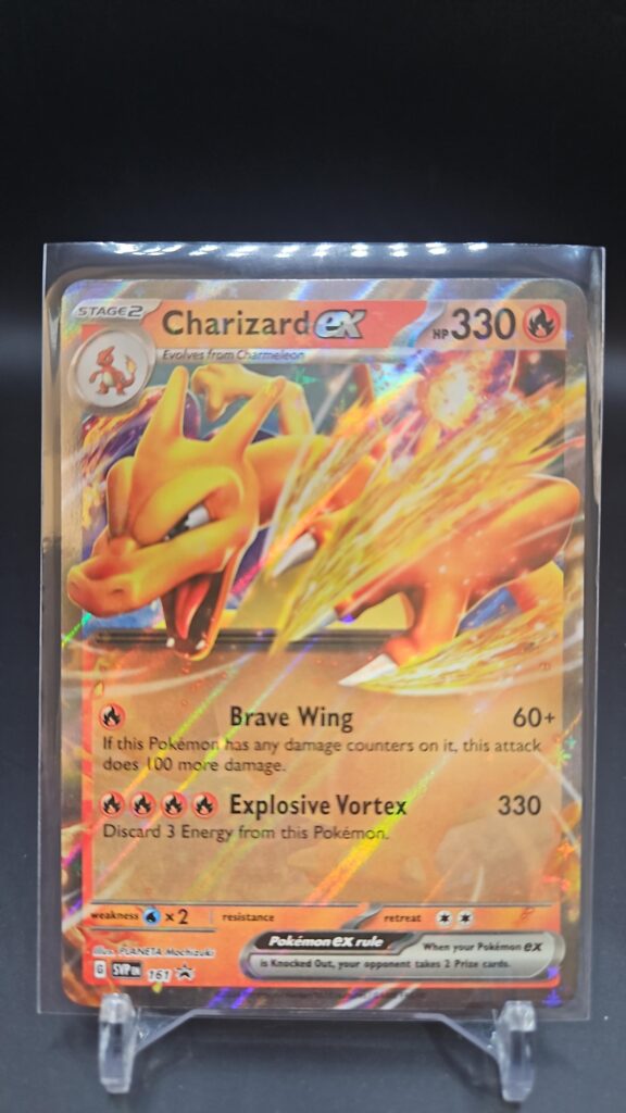 Pokémon TCG Charizard ex 161 Black Star Super-Premium Collection promo card displayed in near mint condition, showcasing unique full-art design and holographic finish for collectors.