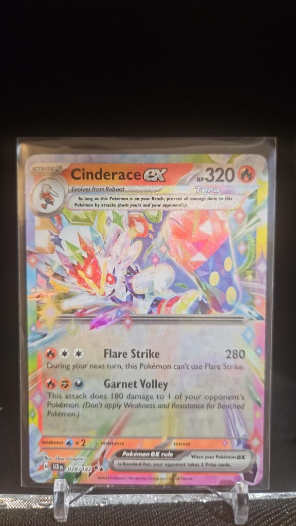 Pokémon TCG Cinderace EX 28/142 Stellar Crown Double Rare card displayed in near mint condition, showcasing double rare holo design and detailed illustration for collectors.