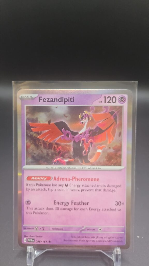 Fezandipiti 96/167 Twilight Masquerade Holo Rare Pokémon TCG card with vibrant holofoil, perfect for collectors.