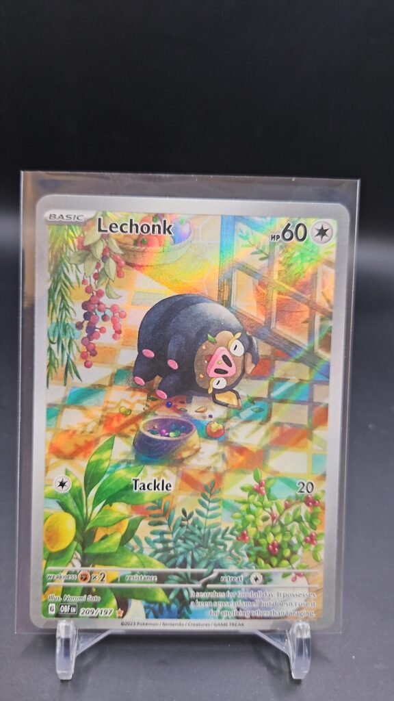 Pokémon TCG Lechonk 209/197 Obsidian Flames Illustration Rare card displayed in near mint condition, showcasing adorable illustration, exclusive design, and collectible finish for fans.