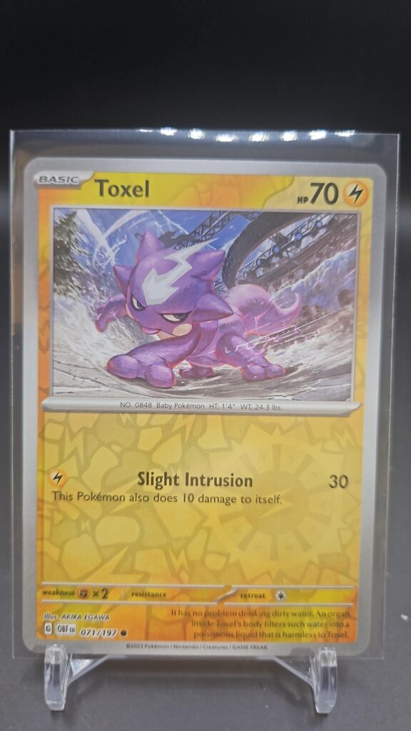 Front view of Toxel #71/197 Obsidian Flames Reverse Holo Common Pokemon 2023 TCG card variant.