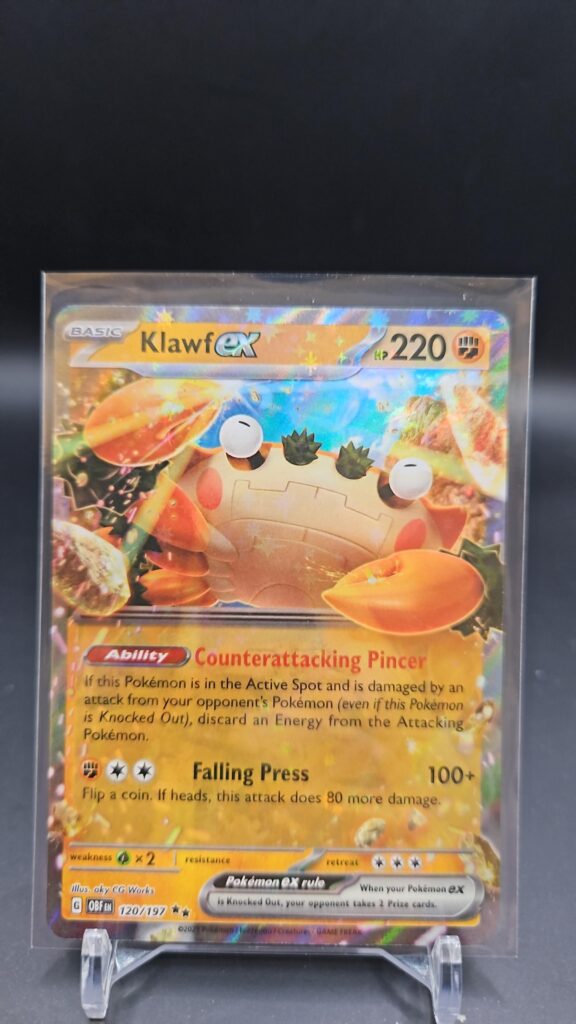 Pokémon TCG Klawf ex 120/197 Obsidian Flames Double Rare Holo card displayed in near mint condition, showcasing detailed double rare design, dynamic illustration, and collectible finish for fans.