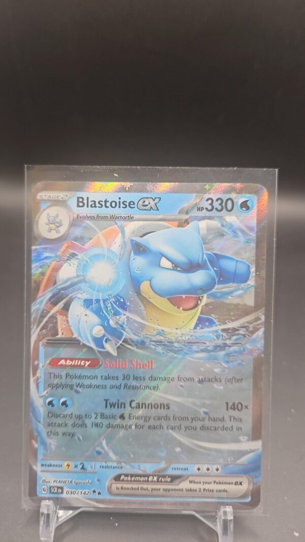 Blastoise ex 030/142 Double Ultra Rare card from Stellar Crown, featuring iconic Blastoise artwork and premium design.