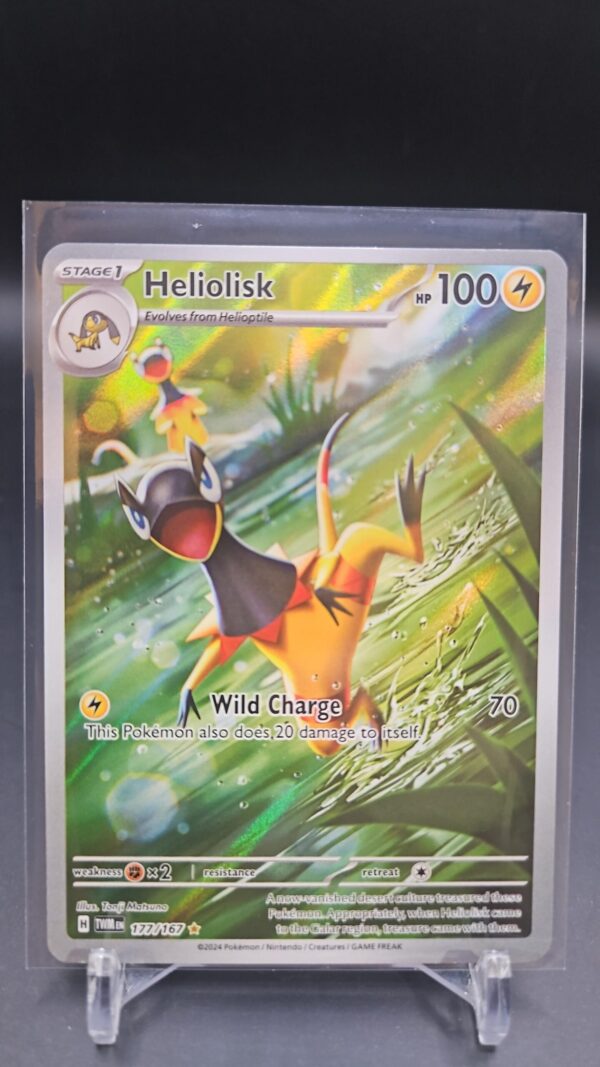 Pokémon TCG Heliolisk 177/167 Twilight Masquerade Illustration Rare card displayed in near mint condition, showcasing detailed full-art illustration and holographic finish for collectors.