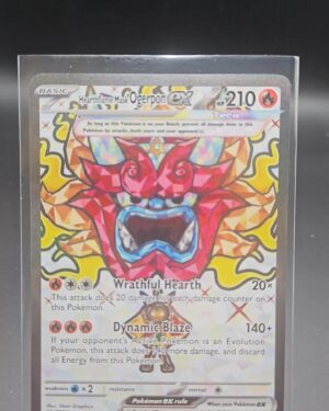 Pokémon TCG Hearthflame Mask Ogerpon ex 192/167 Twilight Masquerade Rare card displayed in near mint condition, showcasing unique mask design, detailed illustration, and collectible finish for fans.