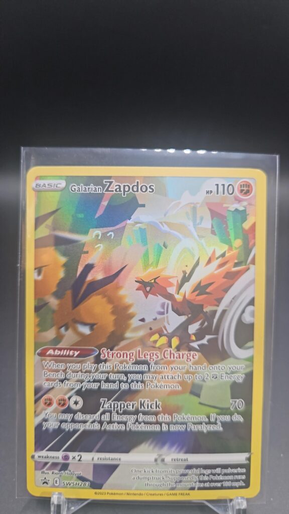 Pokémon TCG Galarian Zapdos SWSH283 Sword & Shield Black Star Promo Holo card displayed in near mint condition, showcasing detailed legendary illustration and collectible promo finish for fans.