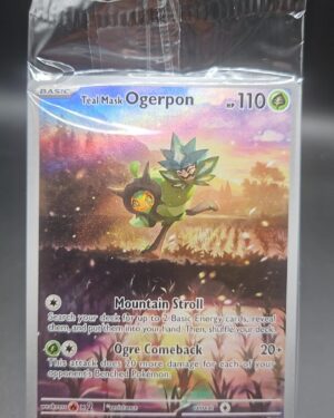 Sealed Pokémon TCG Teal Mask Ogerpon SVP123 Full Art Black Star Promo card displayed in original packaging, showcasing vibrant full-art illustration and exclusive promo status for collectors.