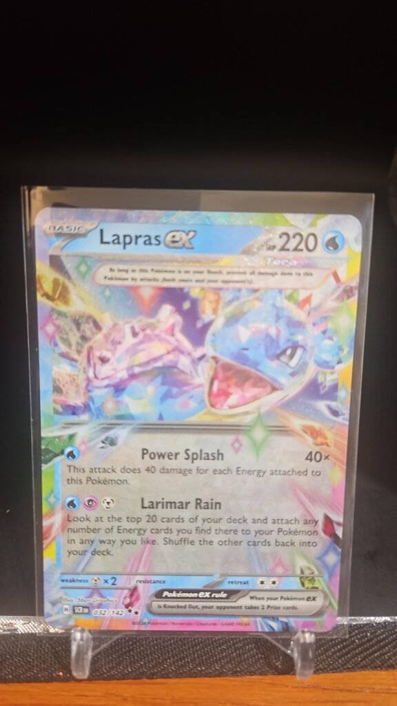 Pokémon TCG Lapras ex 32/142 Stellar Crown Double Rare Holo card displayed in near mint condition, showcasing detailed double rare design, beloved Lapras illustration, and collectible finish for fans.