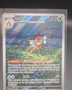 Pokémon TCG Ledian 144/142 Stellar Crown Illustration Rare Full Art Holo card displayed in near mint/mint condition, showcasing detailed full-art illustration and holographic finish for collectors