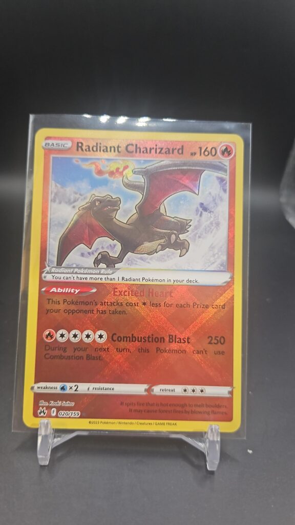 Pokémon TCG Radiant Charizard 20/159 Crown Zenith Radiant Holo card displayed in near mint condition, showcasing radiant holo finish and detailed illustration for collectors.