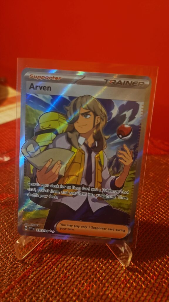 Pokémon TCG Arven Supporter Ultra Rare 235/198 Scarlet & Violet card displayed in near mint condition, showcasing full-art illustration and gold ultra rare effects for collectors.