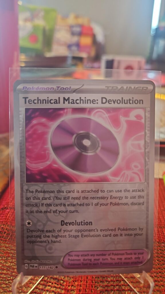 Technical Machine: Devolution Reverse Holo Pokémon card from Scarlet and Violet Paradox Rift, Near Mint.