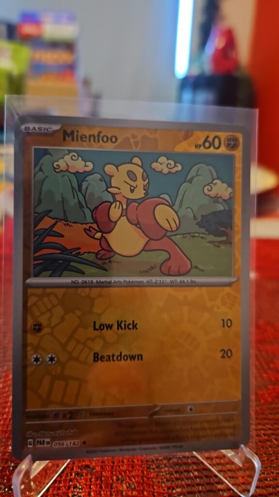 2023 Mienfoo 96/182 Reverse Holo Pokémon card from Paradox Rift displayed in Near Mint condition.