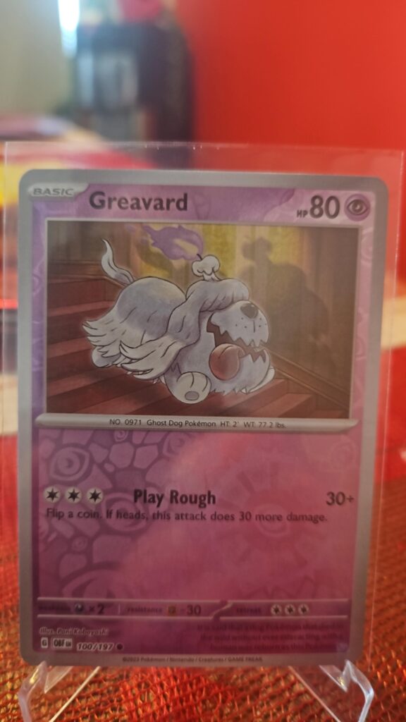 Greavard Reverse Holo Pokémon card from Pokémon TCG Obsidian Flames, illustrated by Tika Matsuno, shown in Near Mint condition with reflective parallel‑foil background.