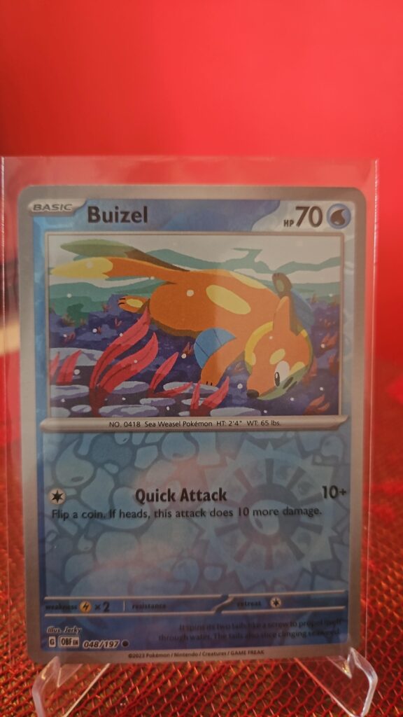 Buizel Reverse Holo Pokémon card from Pokémon TCG Obsidian Flames, illustrated by Tika Matsuno, shown in Near Mint condition with reflective parallel‑foil background.
