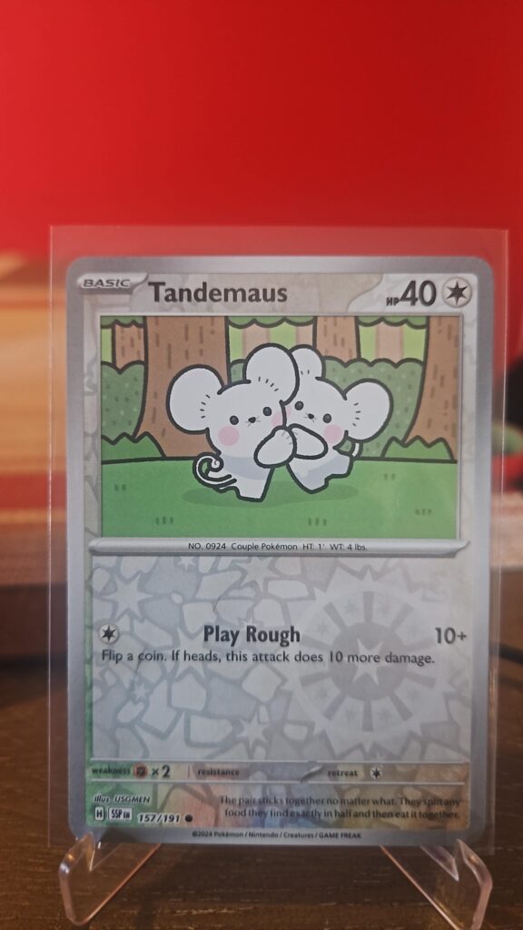 Front face photo of Tandemaus 157/191 Surging Sparks Reverse Holofoil Common Pokémon TCG card in Near Mint condition