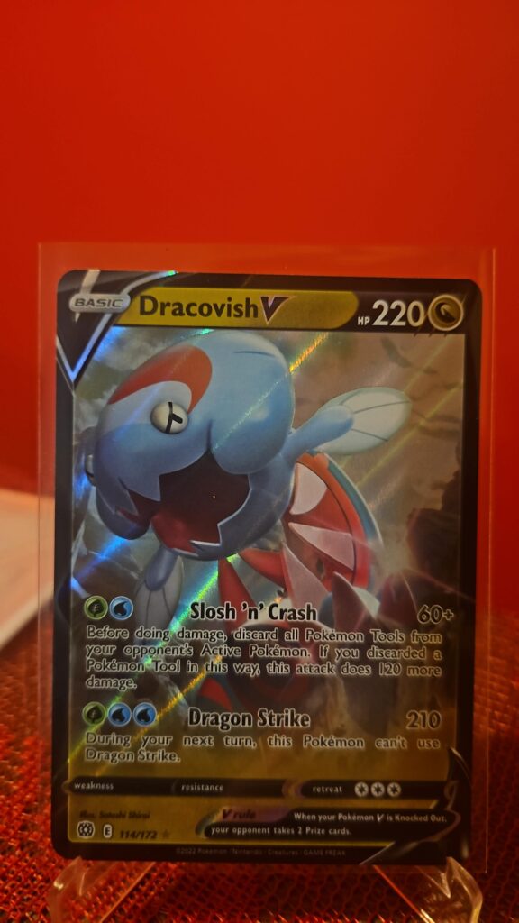 Pokémon TCG Dracovish V 114/172 Brilliant Stars Ultra Rare card displayed in near mint condition, showcasing detailed ultra rare design, unique illustration, and holographic finish for collectors.