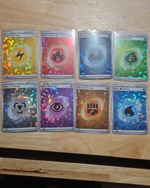 Cracked Ice Holo Energy Set of 8 from the Terapagos ex Ultra Premium Collection, featuring all basic Pokémon energies in a dazzling cracked ice foil pattern, perfect for collectors and competitive TCG players.