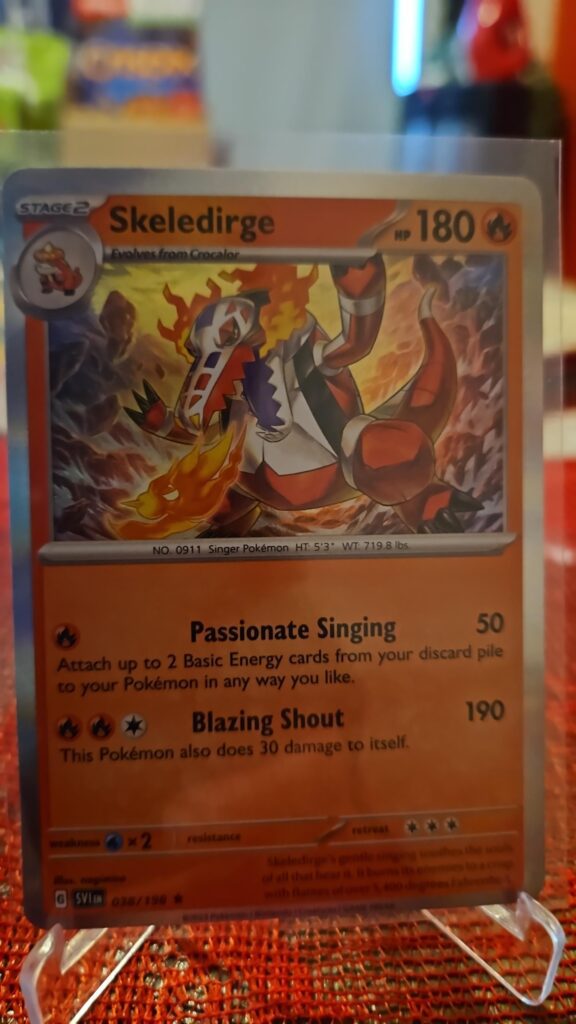 2023 Skeledirge 38/198 Holo Rare Pokémon card from the Scarlet & Violet Base Set displayed in NM condition.