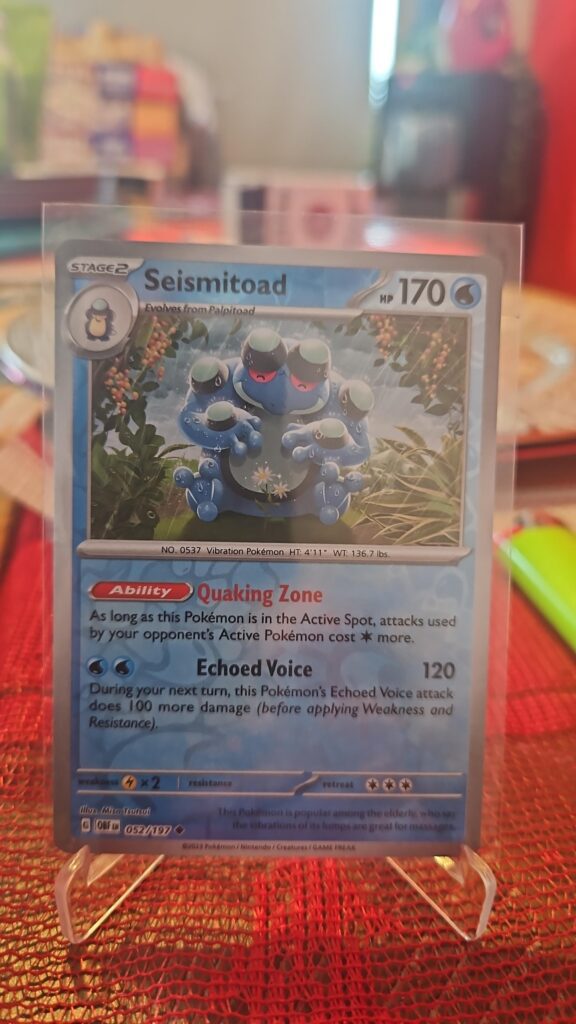 Seismitoad Reverse Holo Pokémon card from Scarlet and Violet Obsidian Flames, Near Mint.