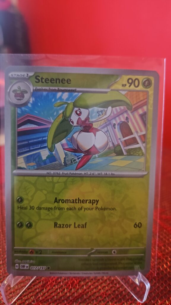Steenee Reverse Holo Pokémon card from Pokémon TCG Obsidian Flames, illustrated by Tika Matsuno, shown in Near Mint condition with reflective parallel‑foil background.