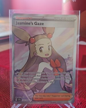 Pokémon TCG Jasmine’s Gaze 233/191 Surging Sparks Full Art Double Rare holo card displayed in near mint condition, showcasing full-art design and holographic finish for collectors.