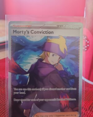 Pokémon TCG Morty’s Conviction 201/162 Temporal Forces Full Art Trainer card displayed in near mint condition, showcasing detailed full-art trainer design and collectible finish for fans.