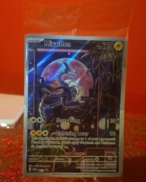 Sealed Pokémon TCG Miraidon SVP EN 013 Black Star Promo Illustration Rare card displayed in original packaging, showcasing vibrant full-art illustration and exclusive promo status for collectors.