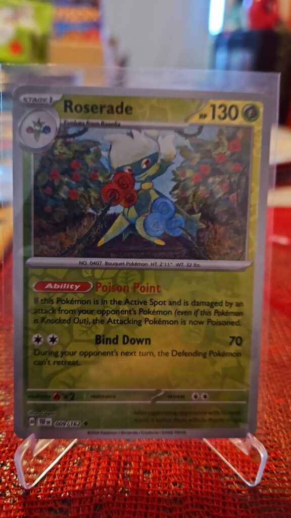 2024 Roserade 009/162 Reverse Holo Pokémon card from Temporal Forces displayed in Near Mint condition.