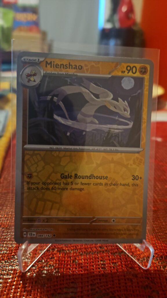 2024 Mienshao 84/142 Reverse Holo Pokémon card from Stellar Crown displayed in Near Mint condition.