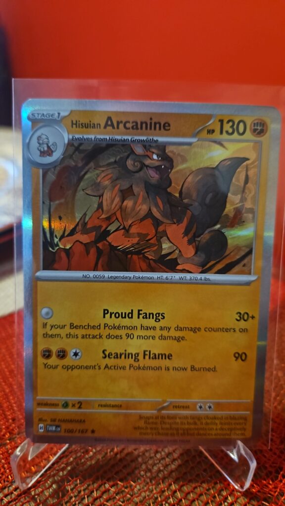 2024 Hisuian Arcanine 100/167 Holo Rare Pokémon card from the Twilight Masquerade set displayed in NM condition with centered holo artwork.