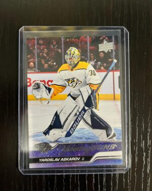 2023-24 Upper Deck Series 1 Young Guns rookie card #204 featuring Yaroslav Askarov of the Nashville Predators, a highly collectible card sought after by NHL fans and rookie card collectors.