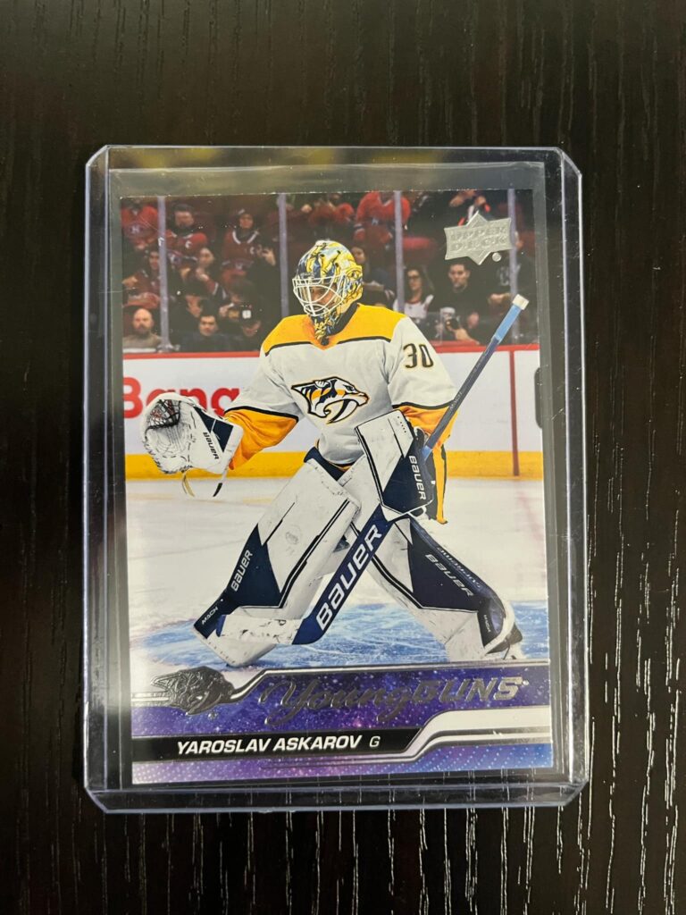 2023-24 Upper Deck Series 1 Young Guns rookie card #204 featuring Yaroslav Askarov of the Nashville Predators, a highly collectible card sought after by NHL fans and rookie card collectors.