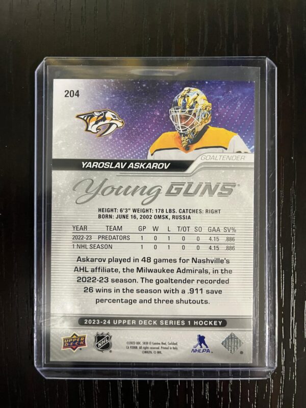 2023-24 Upper Deck Series 1 Young Guns Yaroslav Askarov #204 Rookie RC - Image 2