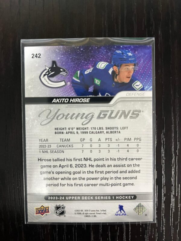 2023-24 Upper Deck Series 1 Young Guns Akito Hirose #242 Canucks Rookie RC - Image 2