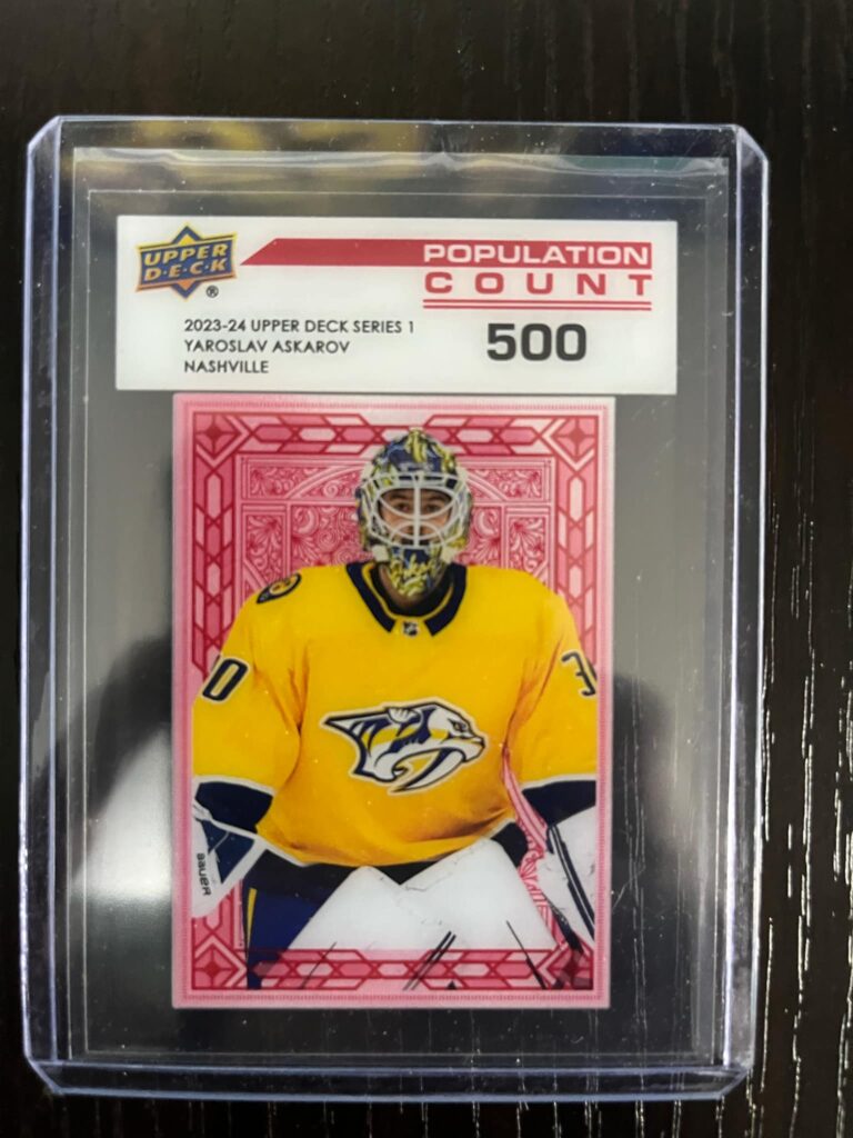 High-quality image of the 2023-24 Upper Deck Yaroslav Askarov Population Count 500 Acetate Clear Cut NHL hockey card, a scarce acetate insert popular with goalie and prospect collectors.