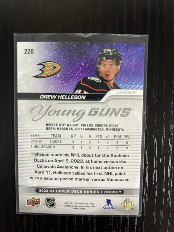 2023-24 Upper Deck Series 1 Young Guns Rookie #220 - DREW HELLESON - Image 2