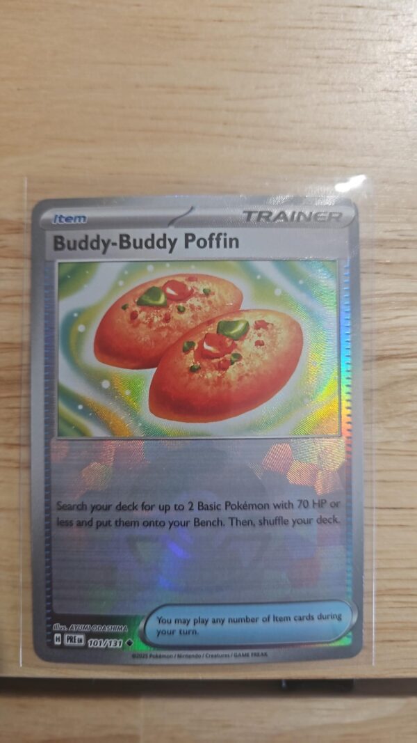 Pokémon TCG Buddy-Buddy Poffin 101/131 Prismatic Evolutions Poké Ball Holo trainer card displayed in near mint condition, showcasing prismatic holo effect and collectible artwork.