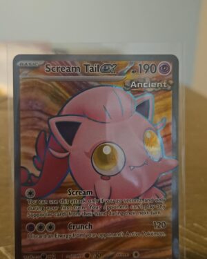 Pokémon TCG Scream Tail ex 197/167 Twilight Masquerade Full Art Rare Foil card displayed in near mint condition, showcasing detailed Paradox Pokémon illustration, exclusive full-art foil design, and collectible finish for fans.