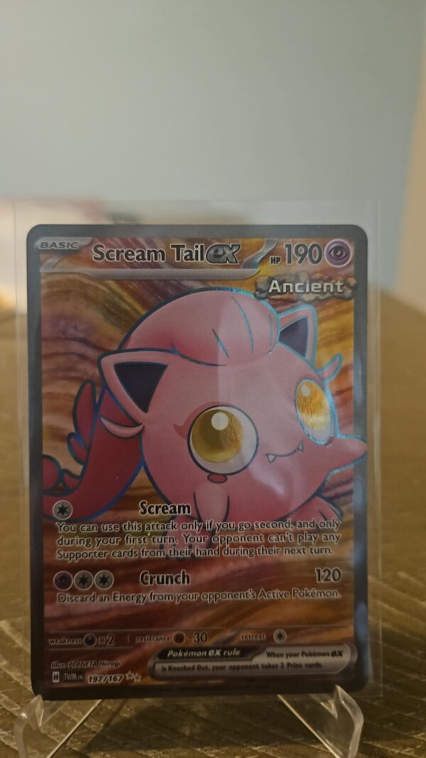 Pokémon TCG Scream Tail ex 197/167 Twilight Masquerade Full Art Rare Foil card displayed in near mint condition, showcasing detailed Paradox Pokémon illustration, exclusive full-art foil design, and collectible finish for fans.