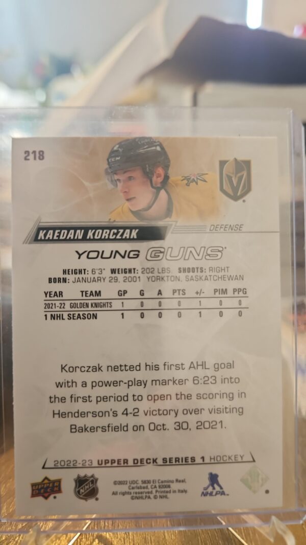 2022-23 Upper Deck Young Guns Kaedan Korczak #218 Vegas Golden Knights - Image 2