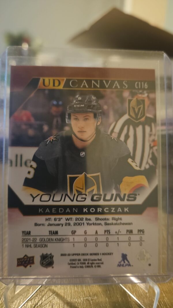 22-23 UD Series 2 Hockey UD Canvas Young Guns C116 Kaeden Korczak - Image 2