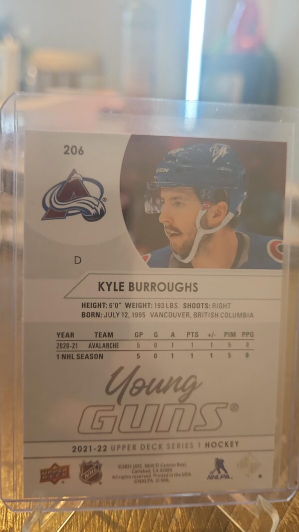 2021-22 NHL Upper Deck #206 Kyle Burroughs Young Guns Colorado Avalanche - Image 2