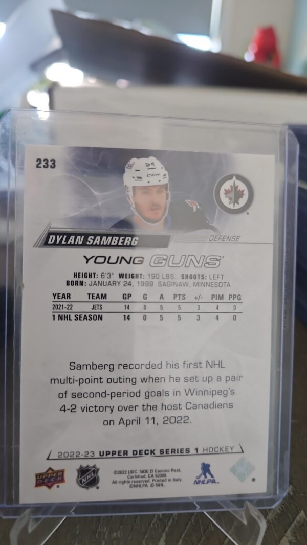 2022-23 Upper Deck Young Guns Dylan Samberg Rookie #233 Winnipeg Jets - Image 2