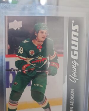 Calen Addison 2021-22 Upper Deck Series 1 Young Guns #227 rookie card, a prized collectible for Minnesota Wild fans.