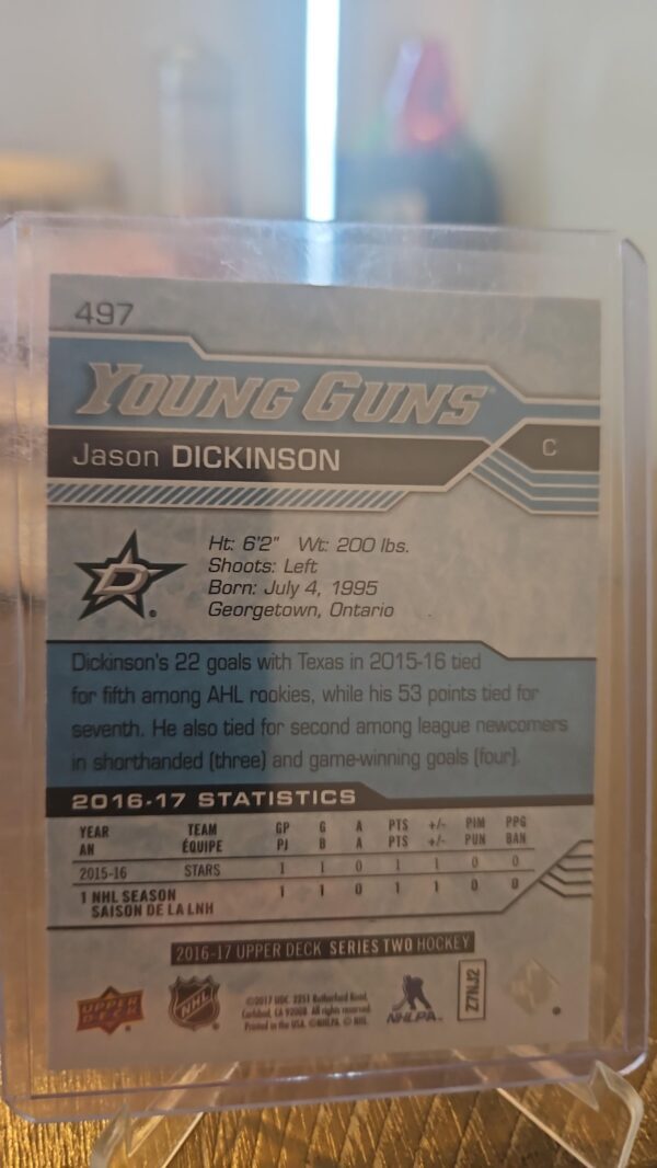 2016-17 Upper Deck Series 2 Young Guns YG Jason Dickinson RC Card# 497 - Image 2