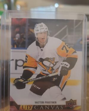 Valtteri Puustinen 2022-23 Upper Deck Series 2 Young Guns Canvas #C108 rookie card, a prized collectible for Pittsburgh Penguins fans.