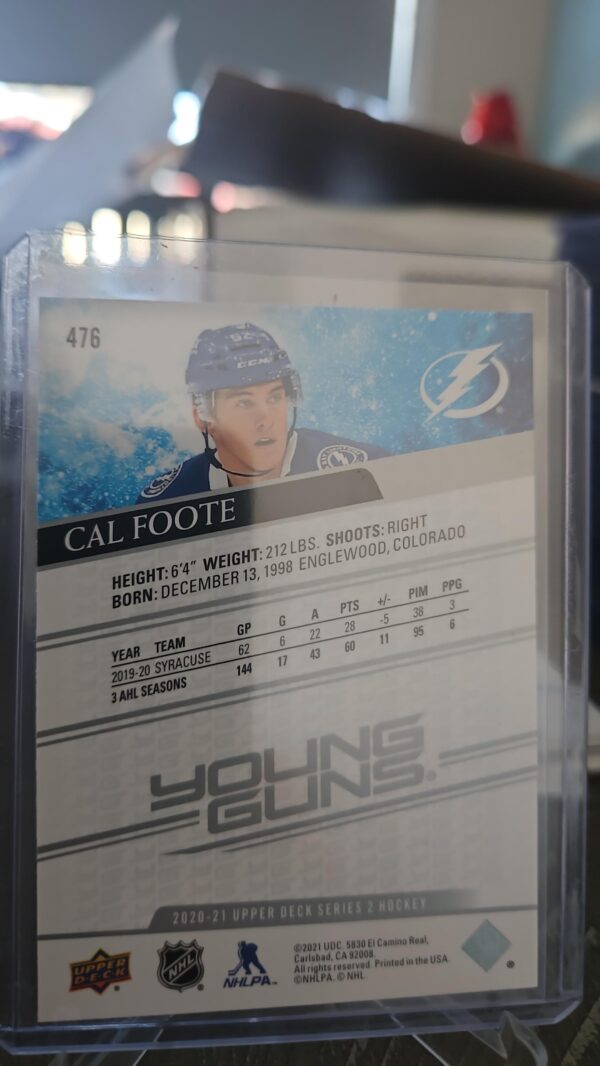 2020-21 NHL Upper Deck Young Guns Cal Foote Rookie Tampa Bay Lightning #476 - Image 2